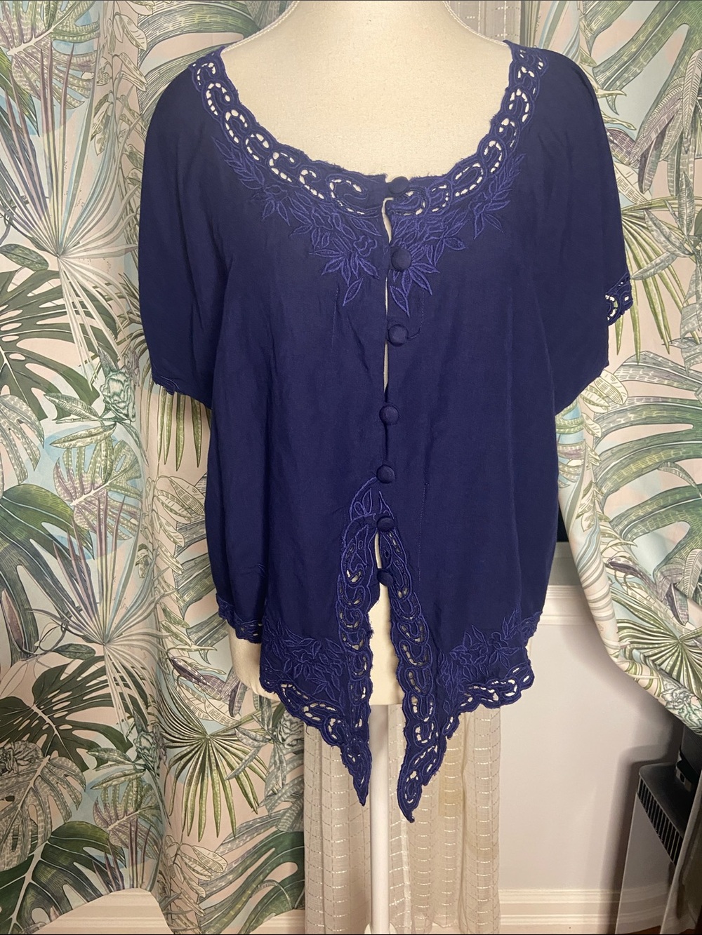 HIBIS Whimsy Navy Blue Embroidered Button-Front Top